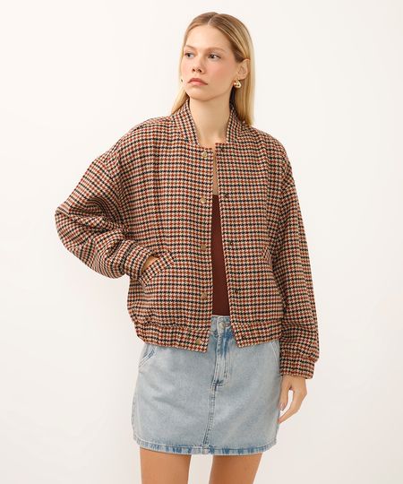 jaqueta bomber com bolso pied de poule bege M