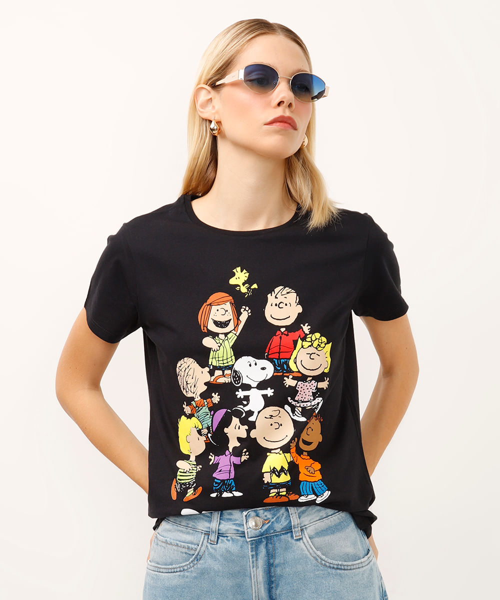 camiseta de algodão manga curta snoopy preta