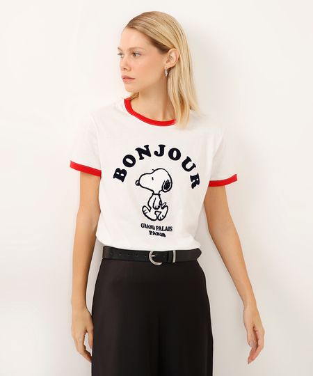camiseta de algodão manga curta bicolor snoopy off white PP