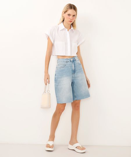 bermuda relaxed jeans cintura média azul 40