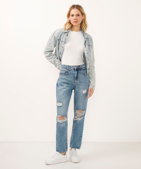calça mom jeans cintura super alta destroyed azul 38