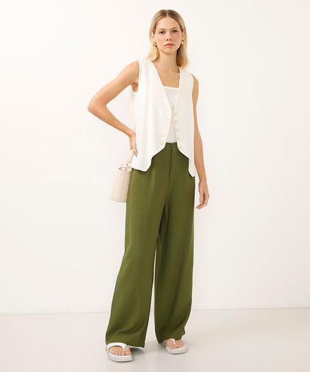 calça wide leg de viscose cintura alta - verde 34 calça wide leg de viscose cintura alta - verde 34