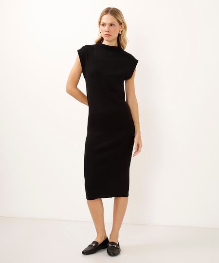 vestido de tricot gola alta manga japonesa preto PP