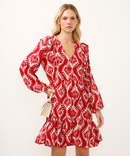 vestido curto manga bufante com babados arabesco vermelho PP vestido curto manga bufante com babados arabesco vermelho PP