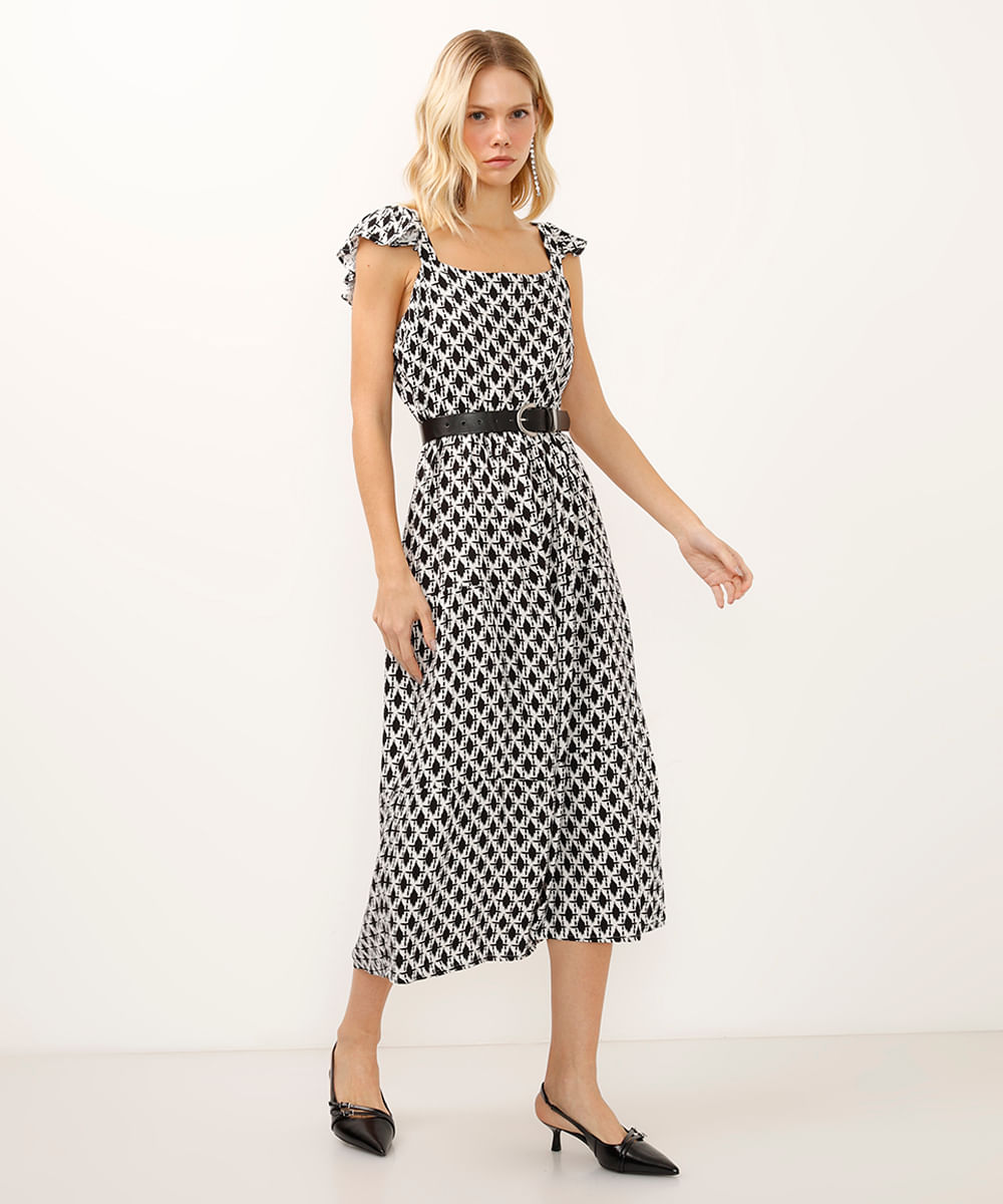 vestido midi alça fina com babados geométrico off white