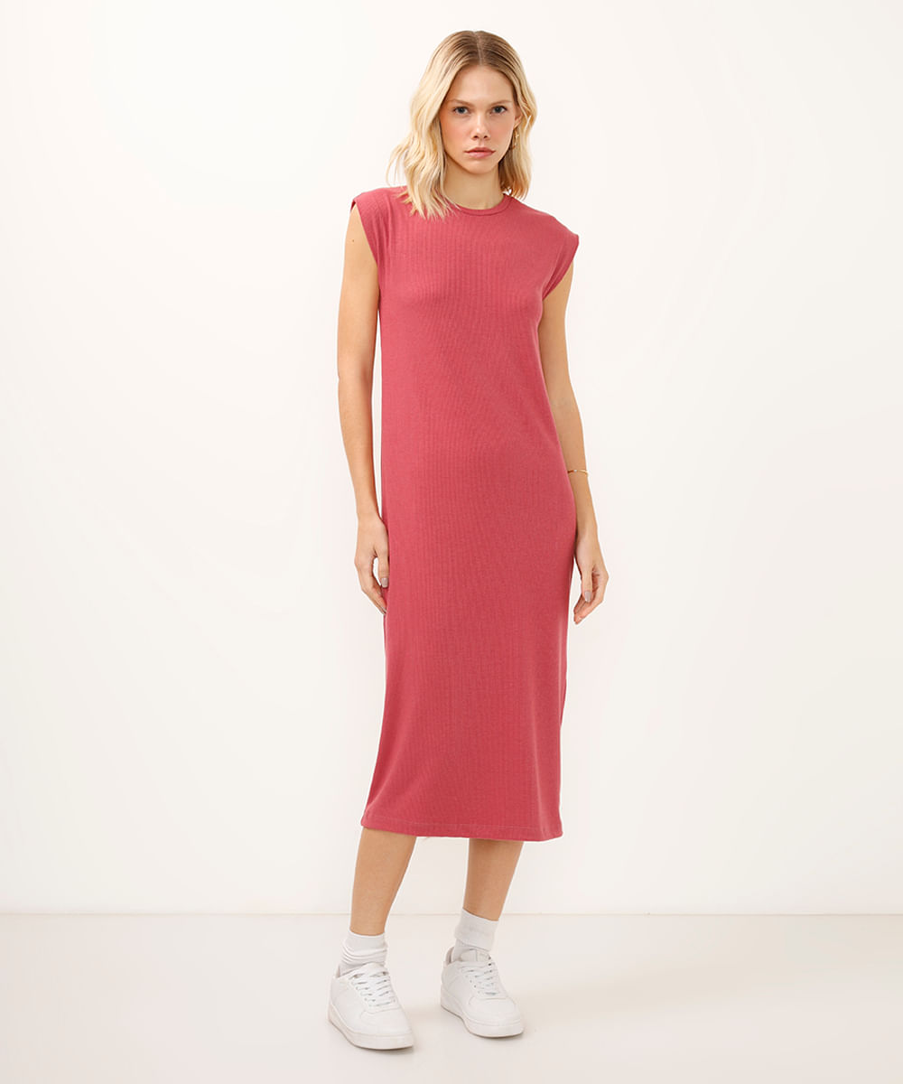 vestido midi feminino muscle tee canelado básico rosa