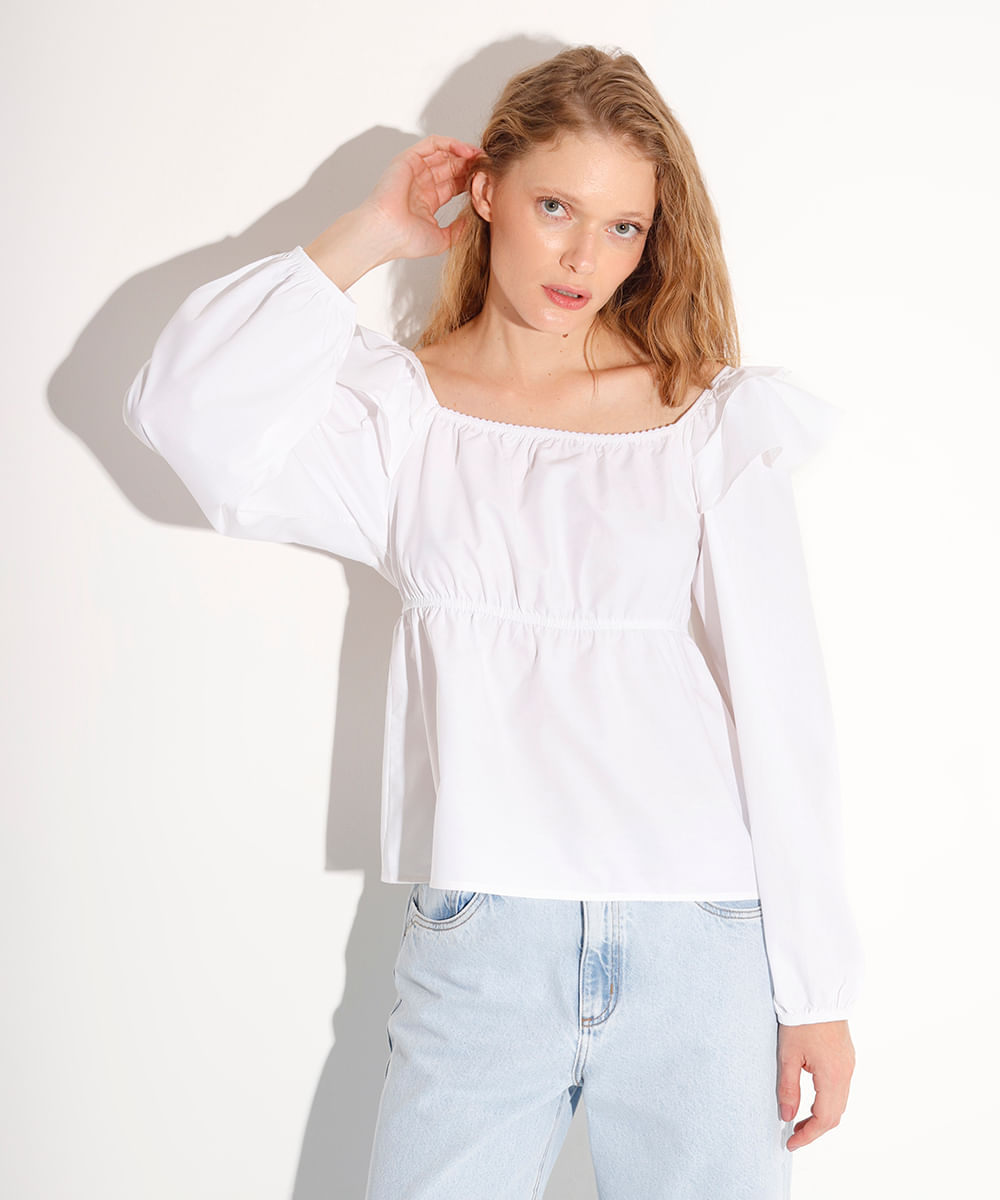 blusa bata manga longa com babado mindset off white