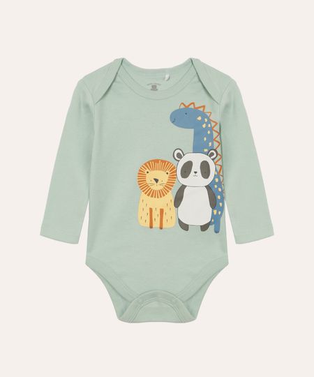 body de algodão infantil manga longa bichos verde 3-6