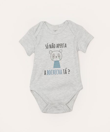 body de algodão infantil manga curta estampado cinza 3-6