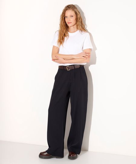 calça wide leg alfaiatada cintura alta mindset azul marinho 42