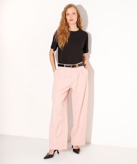 calça wide leg alfaiatada cintura alta mindset rosa 38