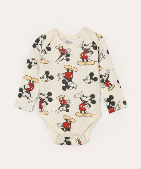 body de algodão infantil manga longa mickey off white 6-9
