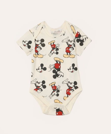 body de algodão infantil manga curta mickey off white 3-6