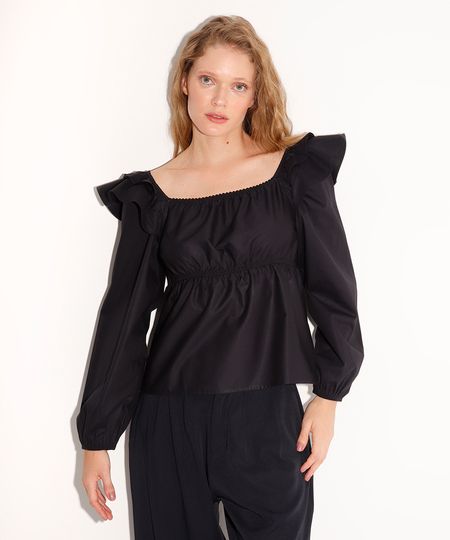 blusa bata manga longa com babado mindset preta P