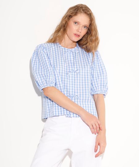 camisa de algodão manga bufante xadrez mindset azul M