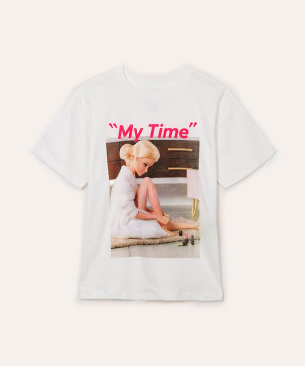 camiseta de algodão juvenil my time barbie off white 12