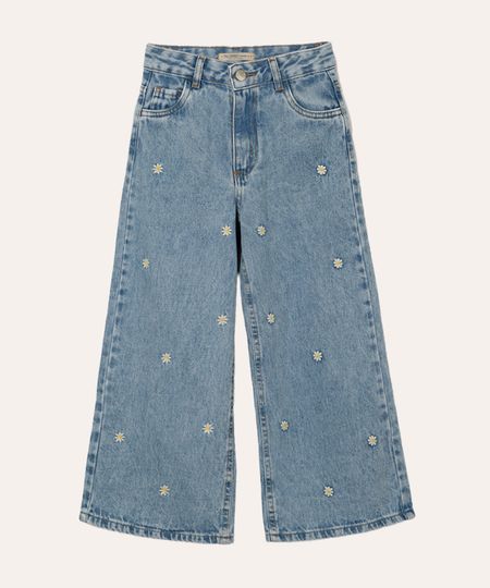 calça wide leg infantil jeans margaridas azul 4