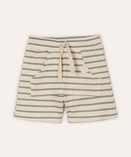 short de algodão infantil bolso canguru listrado bege 6-9