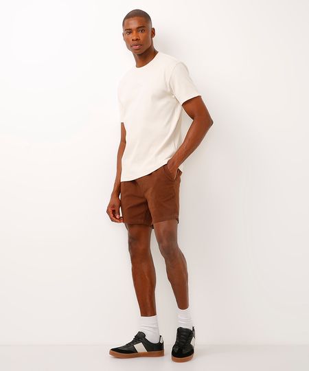 bermuda reta masculina de sarja com elástico marrom P bermuda reta masculina de sarja com elástico marrom P