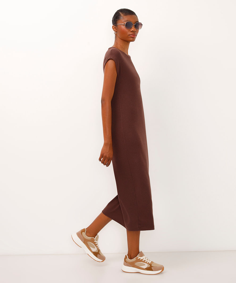 vestido midi feminino muscle tee canelado básico marrom
