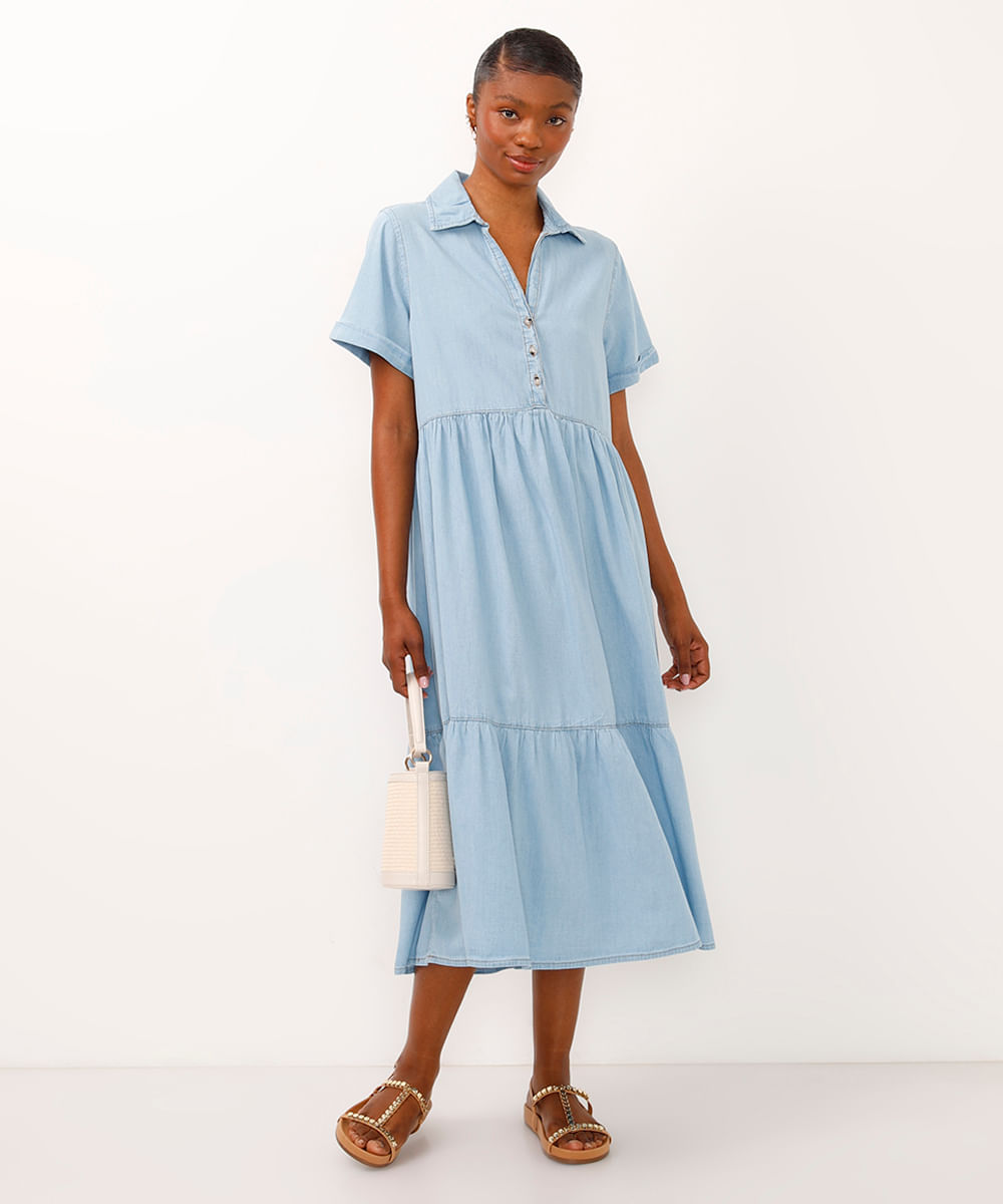 vestido midi jeans decote v azul