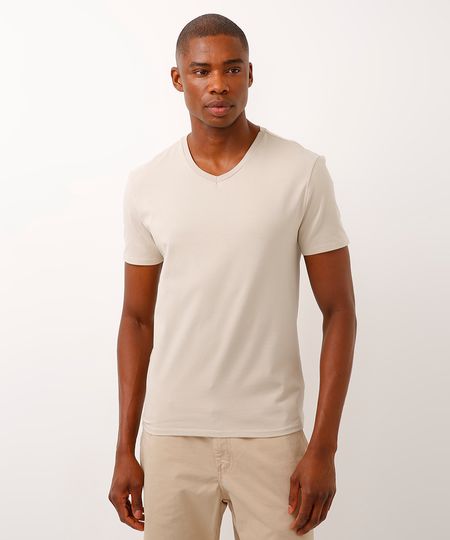 camiseta de algodão manga curta gola v slim bege M camiseta de algodão manga curta gola v slim bege M