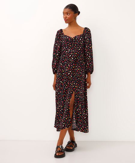 vestido midi floral com fenda preto G vestido midi floral com fenda preto G