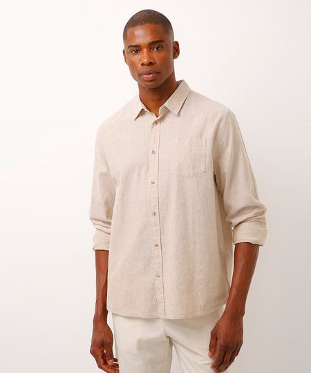 camisa comfort com linho manga longa bege P camisa comfort com linho manga longa bege P