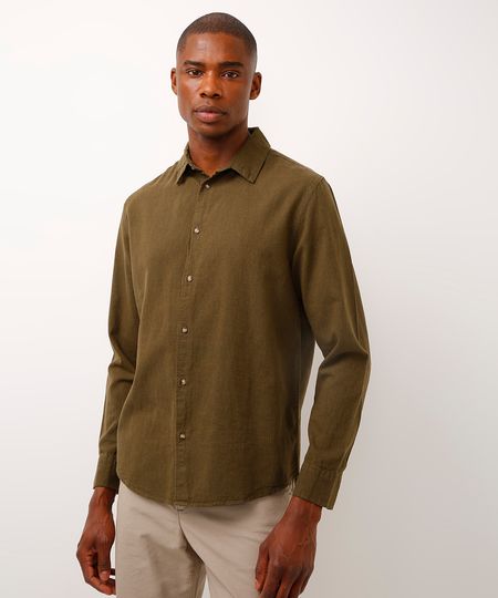 camisa de linho e algodão manga longa verde médio - verde militar P camisa de linho e algodão manga longa verde médio - verde militar P