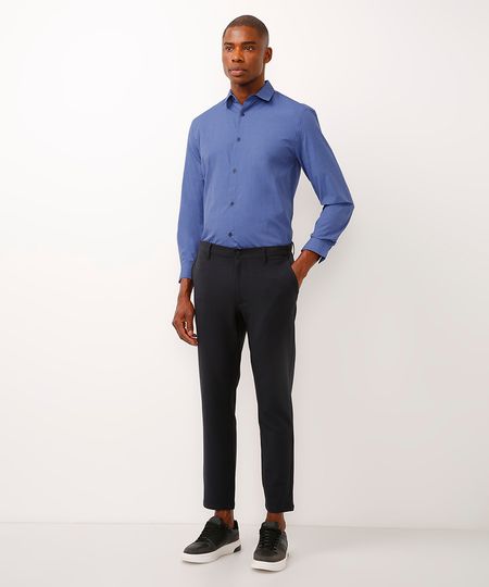 calça chino slim de alfaiataria masculina com elástico no cós azul 46