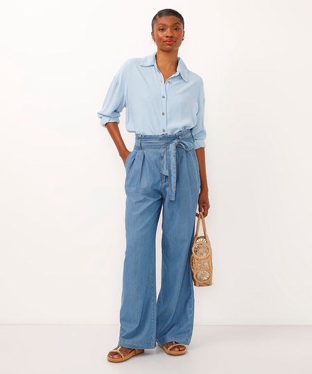 calça wide leg clochard  jeans cintura alta azul 38