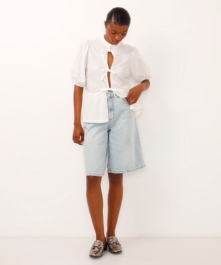 bermuda jeans jorts relaxed cintura alta azul 34