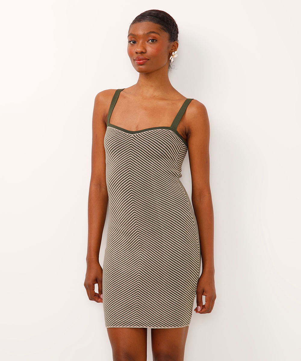 vestido curto de tricot alça fina listrado verde