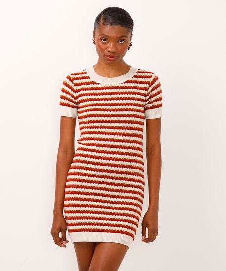 vestido de tricot curto listrado laranja P