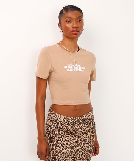 camiseta cropped de algodão new york bege PP camiseta cropped de algodão new york bege PP