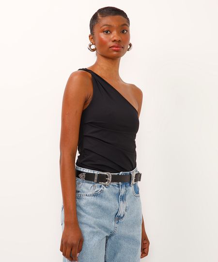 regata ombro único alça torcida com franzido preta P regata ombro único alça torcida com franzido preta P