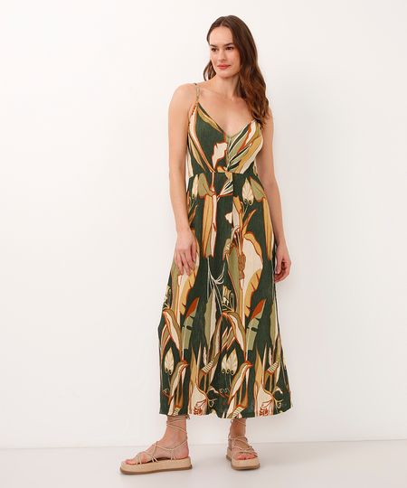 vestido midi alça fina folhagem verde PP