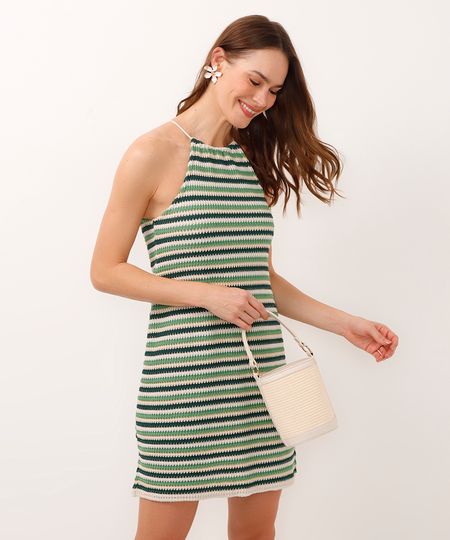 vestido curto de tricot halterneck listrado verde G