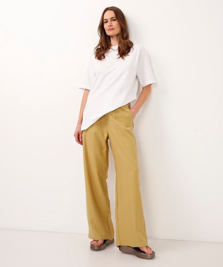 calça wide leg de viscose cintura alta - kaki 34
