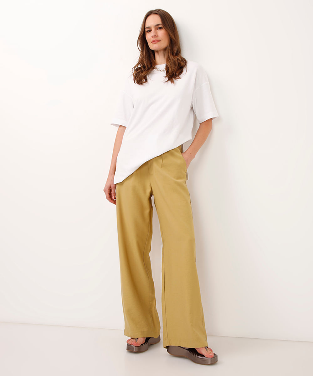 calça wide leg de viscose cintura alta - kaki
