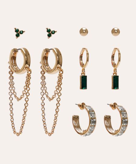kit de 5 pares de brincos com pedraria dourado UNICO kit de 5 pares de brincos com pedraria dourado UNICO