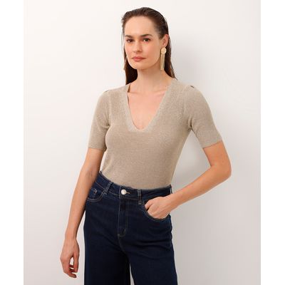 blusa de tricot decote v com brilho dourada