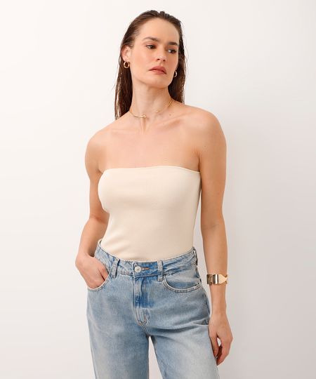 top de tricot sem alça bege GG