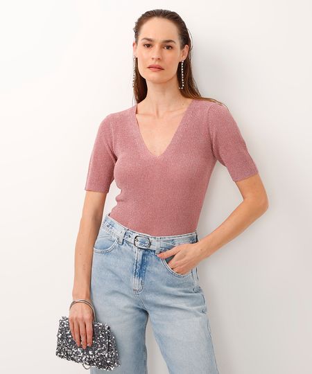 blusa de tricot decote v com brilho rosa PP