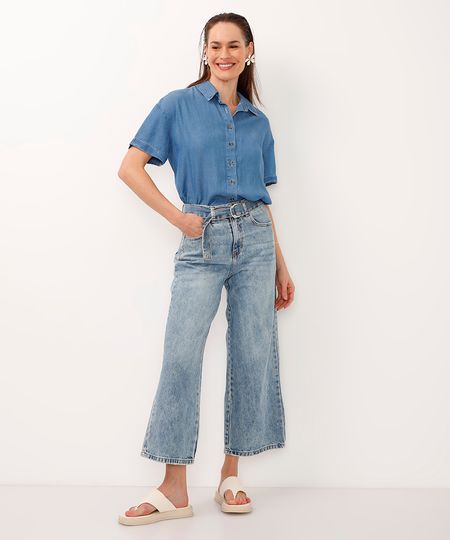 calça wide leg cropped jeans cintura alta com cinto azul 34