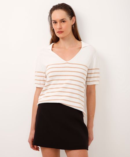 blusa de tricot decote v listrada off white PP blusa de tricot decote v listrada off white PP