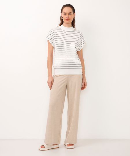 calça wide leg cropped de alfaiataria cós com elástico bege P