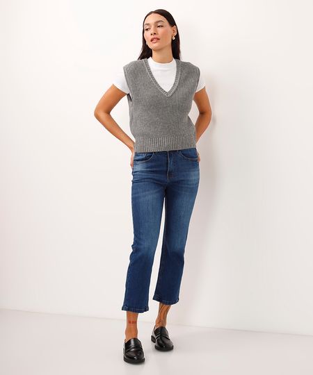 calça boot cut cropped jeans cintura alta azul 36
