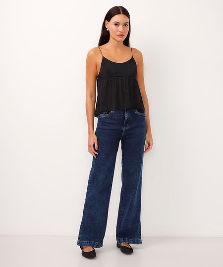calça wide leg jeans cintura alta com fenda sawary azul 36