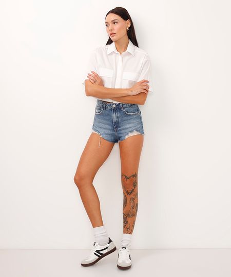 short curto jeans cintura alta azul 46